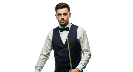 Focused snooker player portrait with cue against a crisp white backdrop