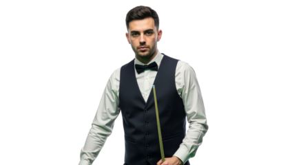 Focused snooker player portrait with cue against a crisp white backdrop