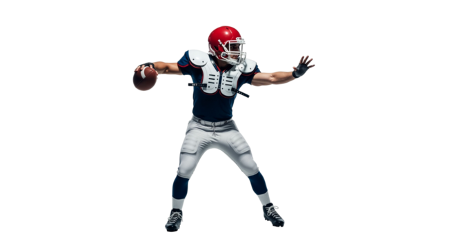 American football quarterback prepares to throw ball on white backdrop