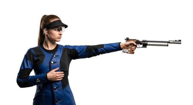 Female shooter in action with air pistol demonstrating precision sport