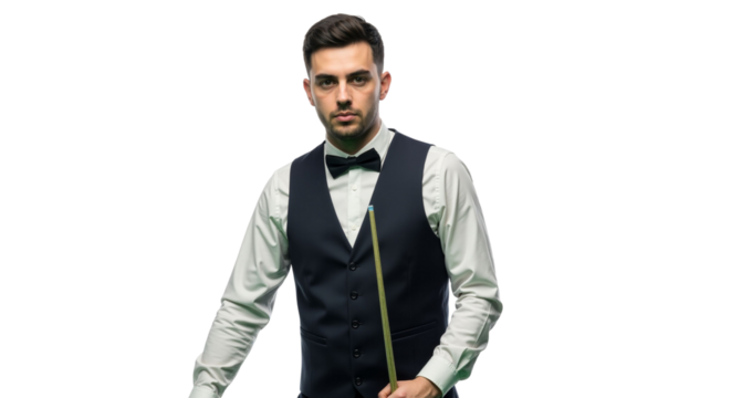 Focused snooker player portrait with cue against a crisp white backdrop