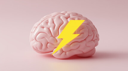 A brain marked by a lightning symbol at center, portraying a sudden idea, cognitive activation, and the intense surge of creativity or migraine pain.
