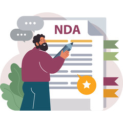 Man Signing Non-Disclosure Agreement Document With Pen In Office Business Meeting Concept With Speech Bubbles And Star Icon In Flat Design Style