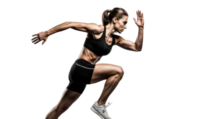 Dynamic sprint motion: a powerfully built woman embodies speed and agility