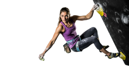Female rock climber ascending the climbing wall with balance and power
