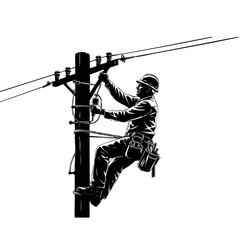 Power Line Technician At Work: A skilled power line technician, silhouetted against a plain background, meticulously works atop a utility pole, ensuring the reliable distribution of energy.