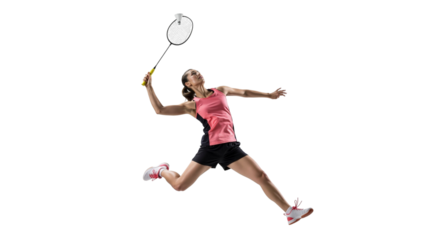 Dynamic female badminton player in mid-air swing on an isolated background