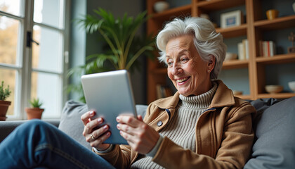 Cheerful senior woman using a tablet while sitting on a cozy couch at home