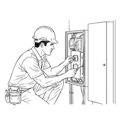 Electrician at Work: A skilled electrician, equipped with a toolkit and safety helmet, meticulously works on an electrical panel. The image captures the precision, attention to detail.