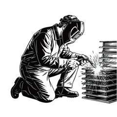 Welder at Work: A skilled welder, protected by a helmet, meticulously works on a metal structure, the sparks flying with precision and focus. 