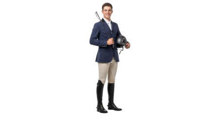 Equestrian athlete with riding helmet and whip isolated on white background
