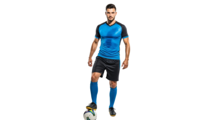 Focused sportsman posing with soccer ball, displaying confidence and fitness