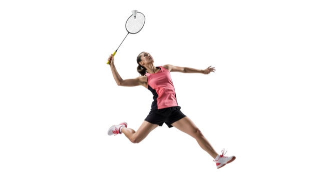 Dynamic female badminton player in mid-air swing on an isolated background - Powered by Adobe