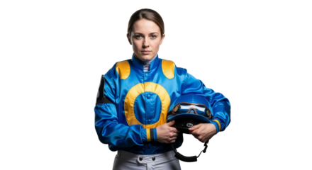 Focused Female Jockey Portrait Ready for the Race, Holding Helmet Gear