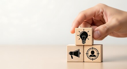 Blocks Stacked with Business Icons, Idea Generation and Marketing