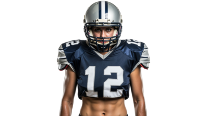 Intense female football player with helmet on white background studio