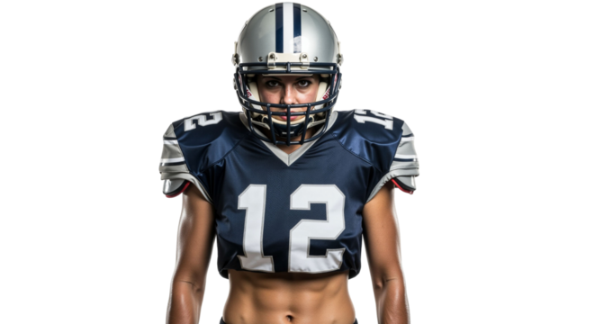Intense female football player with helmet on white background studio - Powered by Adobe