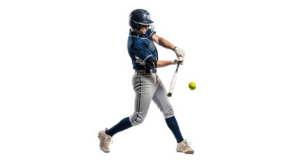 Female Softball Player in Full Swing with Determination on White Backdrop