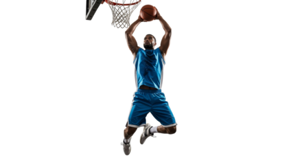 Dynamic basketball player executing a powerful slam dunk on bright backdrop