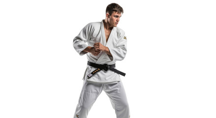 Focused young man in judo uniform showcasing determination and readiness
