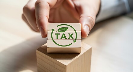Green Tax Concept Hand Holding Eco-Friendly Tax Wood Block with Leaf