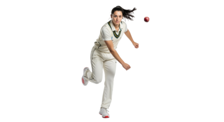 Professional woman cricket bowler throwing ball in action on white background