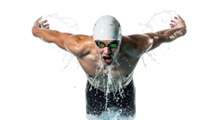 Dynamic swimmer strikes with determination in aquatic performance shot