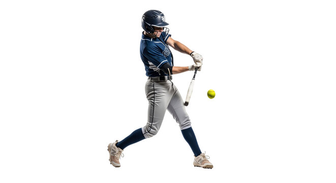 Female Softball Player in Full Swing with Determination on White Backdrop