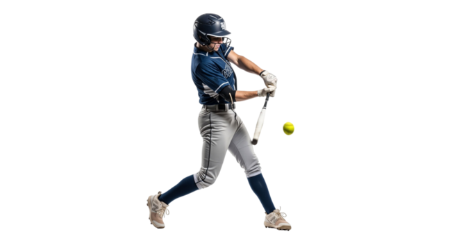 Female Softball Player in Full Swing with Determination on White Backdrop