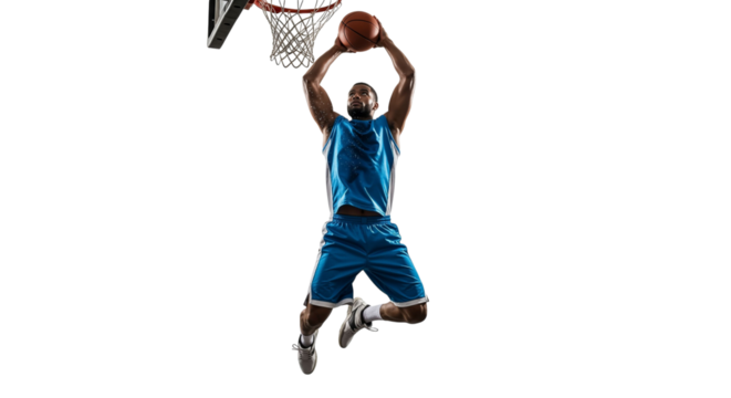 Dynamic basketball player executing a powerful slam dunk on bright backdrop