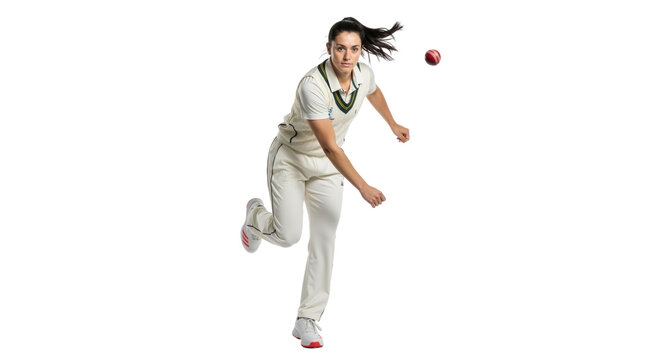 Professional woman cricket bowler throwing ball in action on white background