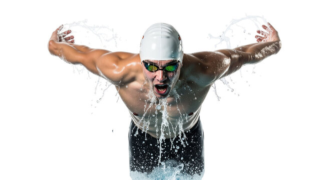Dynamic swimmer strikes with determination in aquatic performance shot