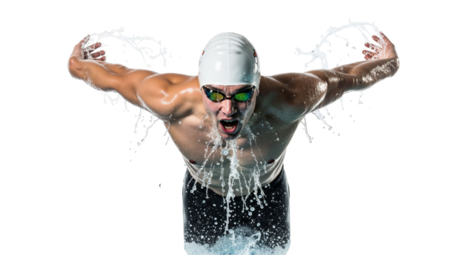 Dynamic swimmer strikes with determination in aquatic performance shot