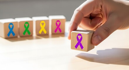 Awareness Ribbons on Wooden Blocks Cancer Support and Hope