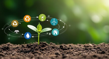 Sustainable Growth A Seedling Surrounded by Icons of Eco-Friendly Practices