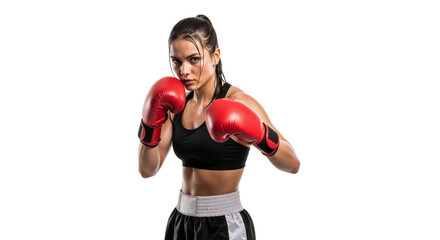 Determined female boxer in fighting stance against a clean background
