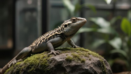 Naklejka premium Lizard on rock, blurred background