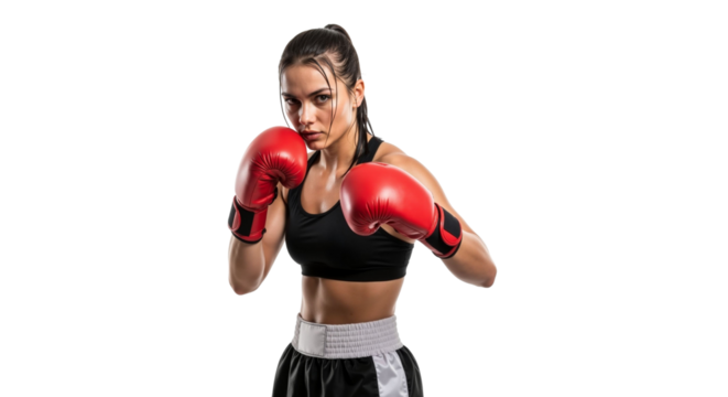 Determined female boxer in fighting stance against a clean background