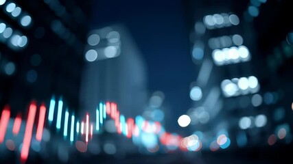 Stock market graph with candlestick chart showing falling trend in city at night. Financial data decline against blurred modern buildings. - Powered by Adobe