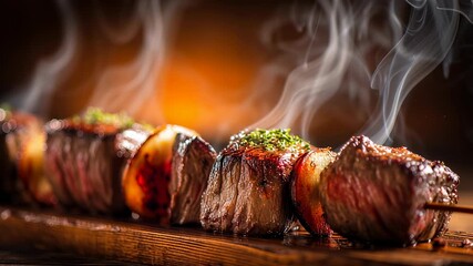 Hot cooked shish kebab with smoke coming off meat on skewer stick on wooden board for restaurant menu video
