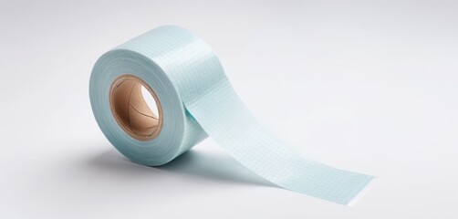 A roll of pale blue tape with a fine grid pattern unspooling across a white background