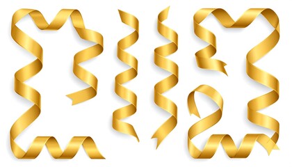 Fototapeta premium Assortment of golden-yellow ribbons in varying shapes and forms, isolated on white