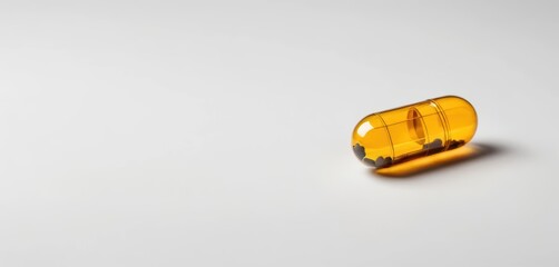 A single amber translucent capsule with dark particles inside lies on a clean white surface