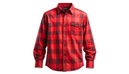 A red and black checkered button-down shirt on a white background