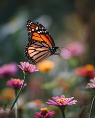 Obraz premium A close-up shot of a vibrant monarch butterfly taking flight amongst a colorful array of blooming flowers