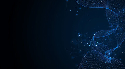 Abstract blue network with flowing lines and sparkling dots in a dark space
