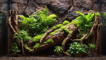 Naturalistic terrarium with lush greenery, wood, and a simulated rock wall