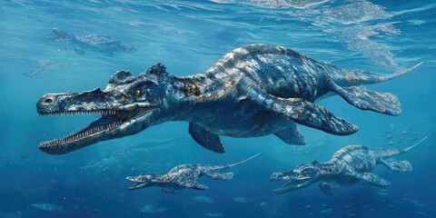 An underwater scene showcasing several ancient marine reptiles swimming in a blue ocean