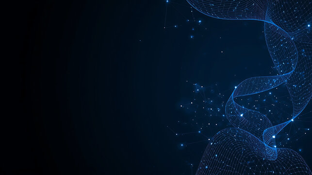 Abstract blue network with flowing lines and sparkling dots in a dark space