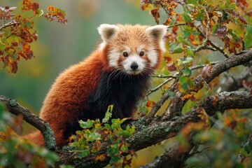 A fluffy red and white animal with black fur looks directly at the viewer from a tree branch